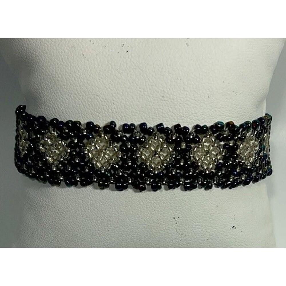 Vintage Native American Seed Bead Bracelet Navy Blue & White Color 7”